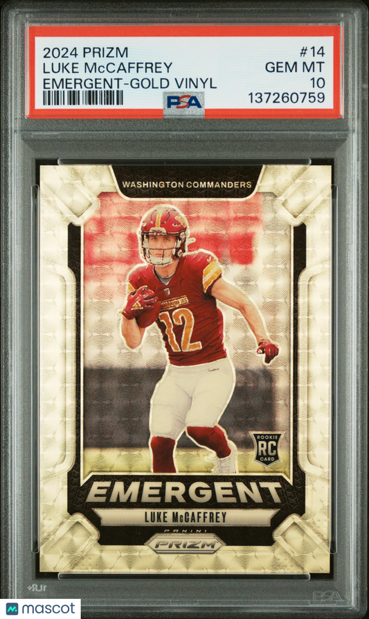 Luke Mccaffrey 2024 Panini Prizm Emergent #14 Gold Vinyl 3/5 Rookie PSA 10