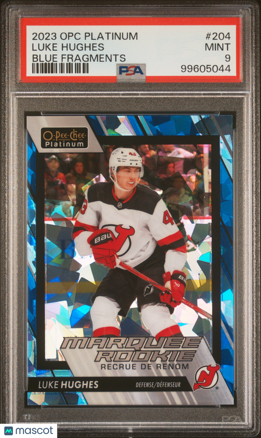 Luke Hughes 2023 Upper Deck O-Pee-Chee Platinum Blue Fragments RC /125 PSA 9